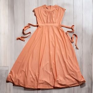 1970s Wendy Watts Peach Polyester Maxi Dress Cap Sleeve Womens 13 Fits Like 8